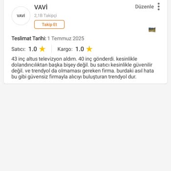 Sipariş Verilen 43 İnç Televizyon Yerine 40 İnç Ürün Gönderildi