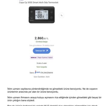 Copa Wi-Fi Özellikli Termostat Yerine Yanlış Ürün Gönderildi, Destek Alamadım