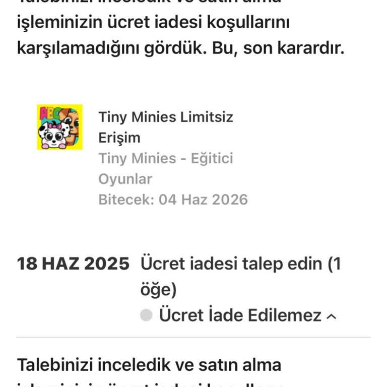 Kullanılmayan Uygulama Aboneliği İçin Yıllık Ücretin İadesini Talep Ediyorum