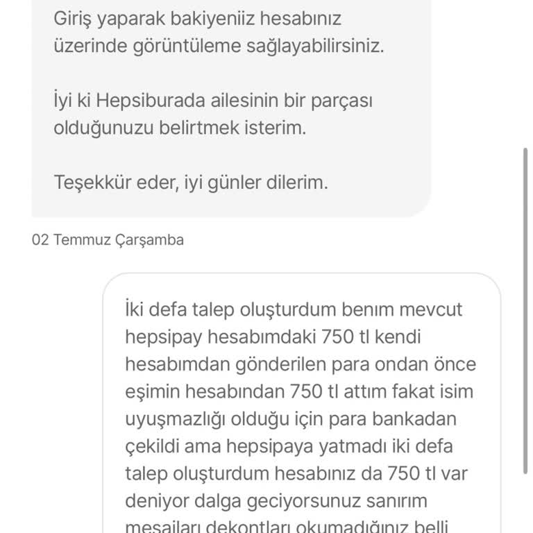 Hepsipay'de Para Transferi Sorunu Ve İade Edilmeyen Tutar