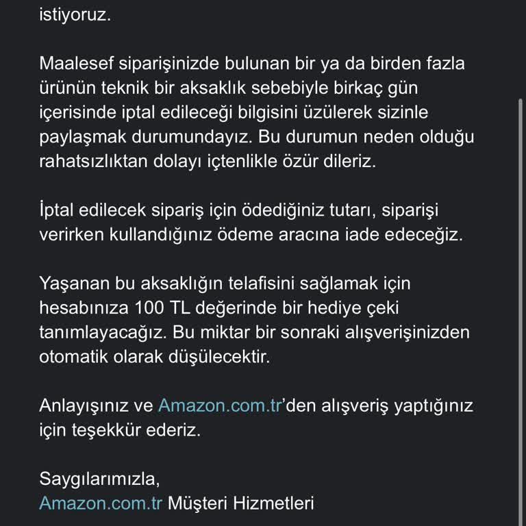 Siparişim İptal Edildi, Zararım 100₺ Hediye Çekiyle Geçiştirildi
