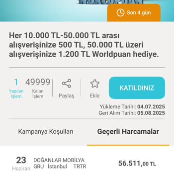 Kampanya Katılımı Onaylanmasına Rağmen World Puanım Yüklenmedi