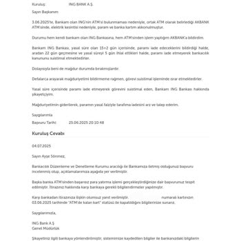 ING Bankası'nın ATM Arızası Sonrası Paramın İade Edilmemesi Ve Mağduriyetim