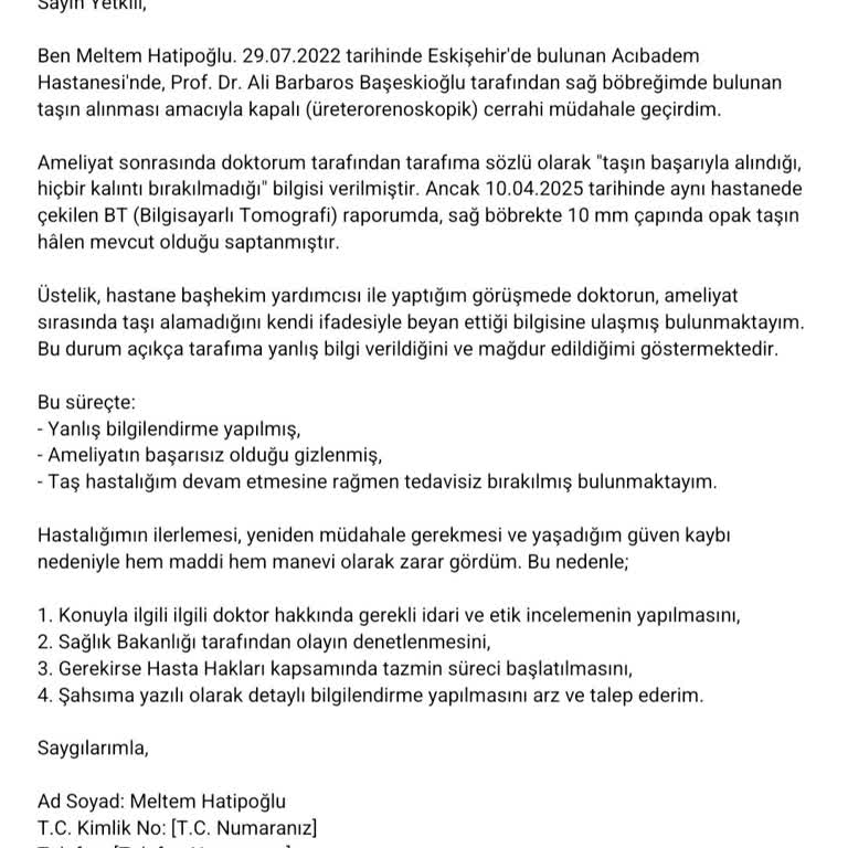 Ameliyat Sonrası Alınmayan Böbrek Taşı Ve Sağlık Güvenliği Endişesi