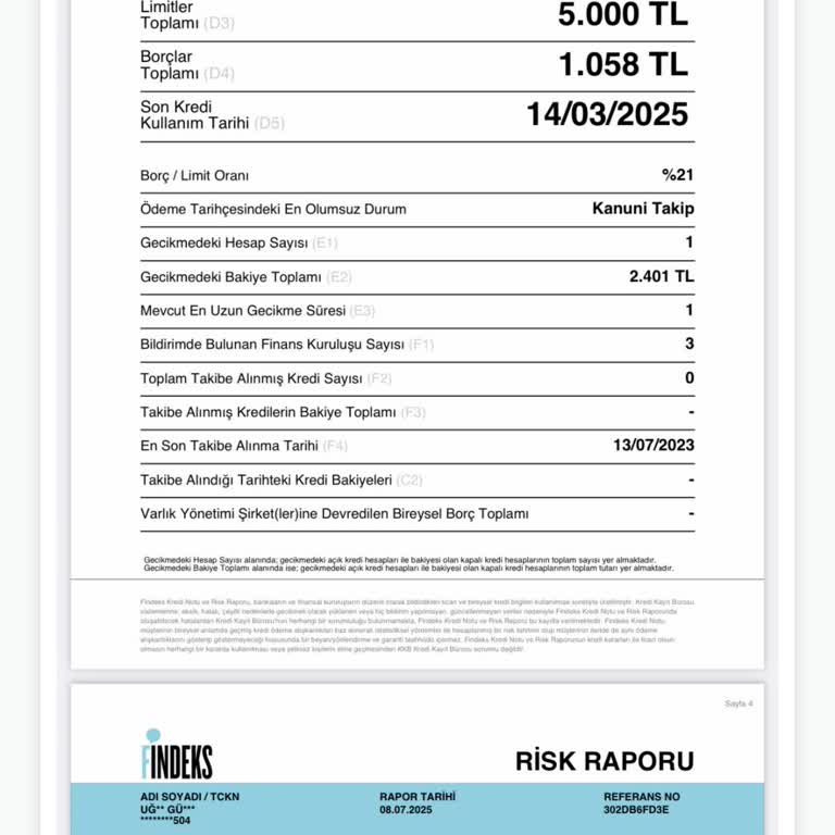 Findeks Kanuni Takip Kaydının Silinmesini Talep Ediyorum