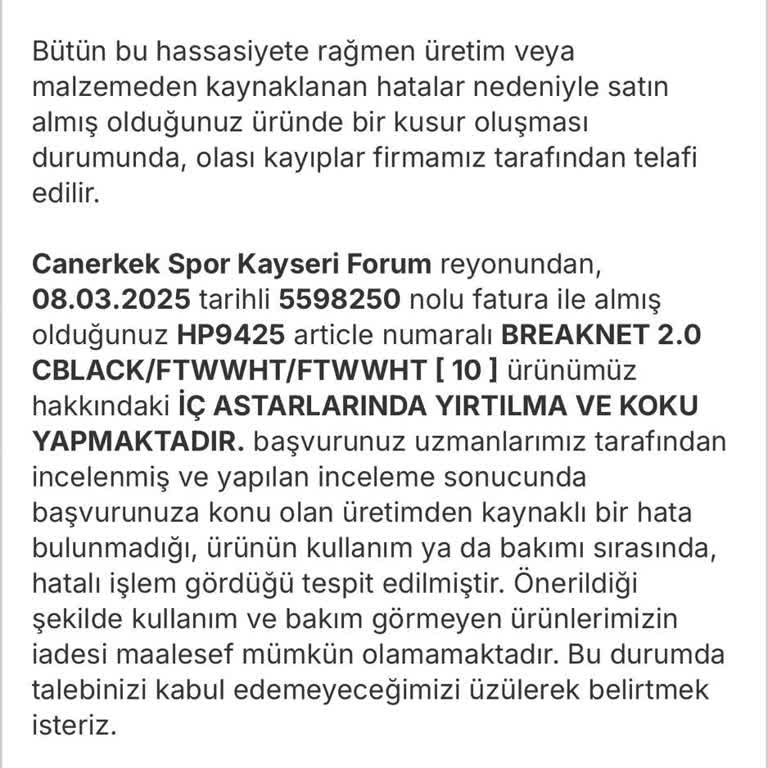 Adidas Ayakkabıda İç Astar Yırtılması Ve Koku Sorunu İçin Olumsuz İnceleme Sonucu