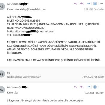 Ucuzabilet.com'dan Alınan Biletin Faturası Gönderilmedi, Müşteri Hizmetlerinden Yanıt Alınamadı