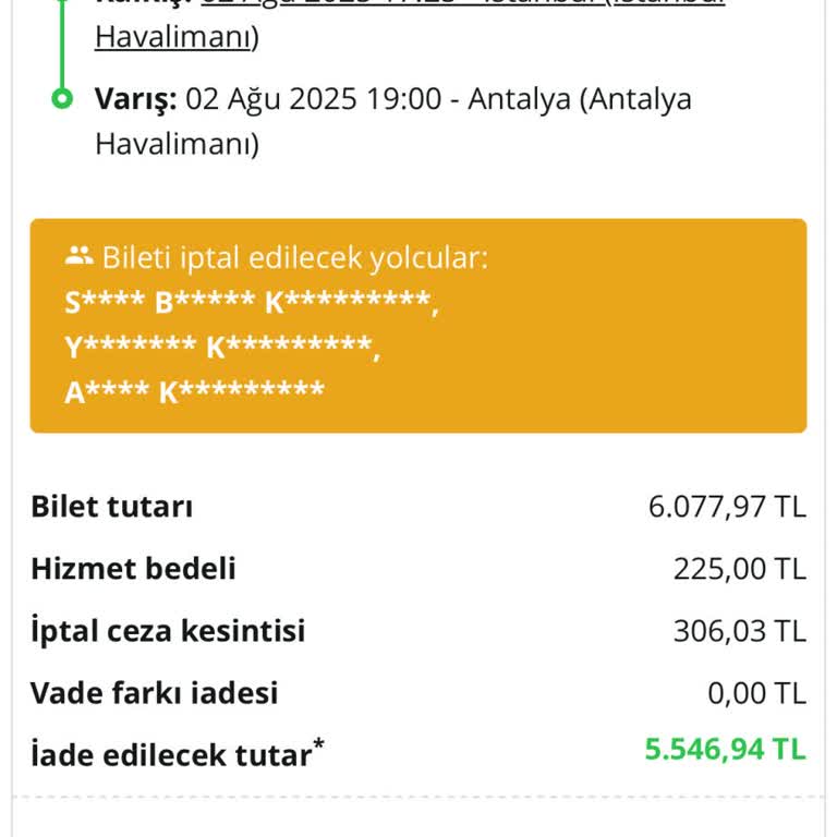 Bilet İptalinde Yüksek Kesintiyle Mağdur Edildim