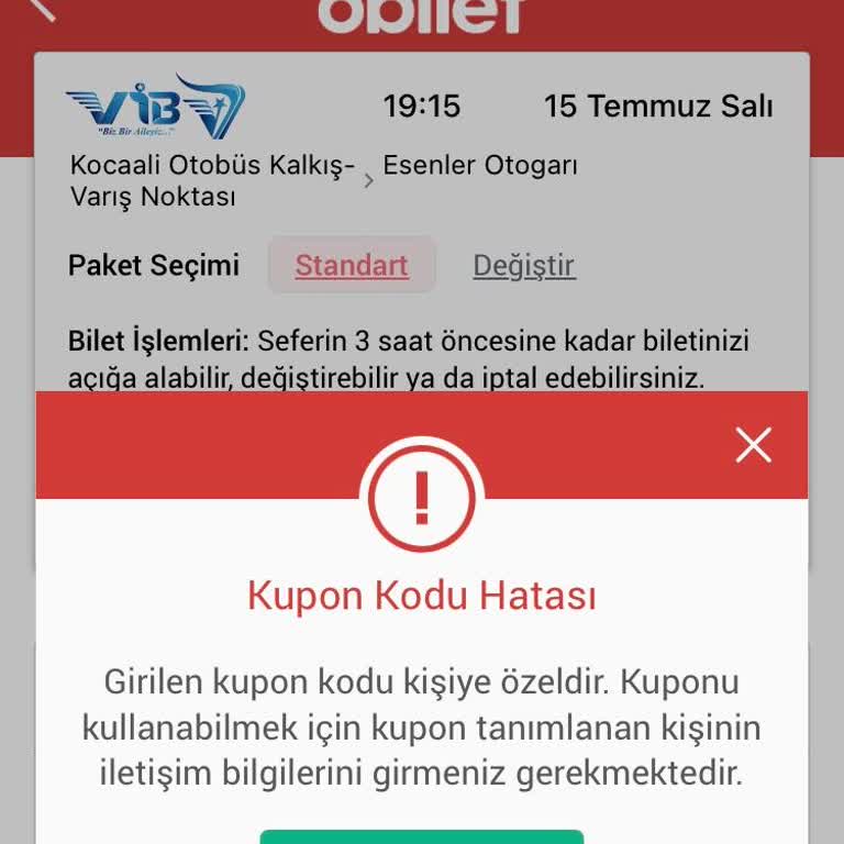 Obilet Kupon Kodu Hatası Nedeniyle Bilet Alamadım