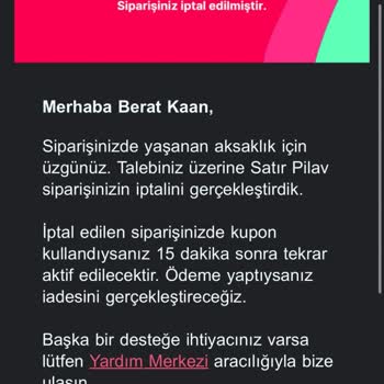 Yemeksepeti'nde Siparişin Gecikmesi Ve İptali Sonrası Müşteri Hizmetleri Sorunu
