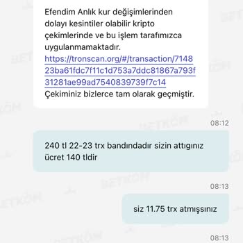 Betkom Kripto Çekiminde 100 TL Eksik Gönderildi, Destek Yardımcı Olmuyor