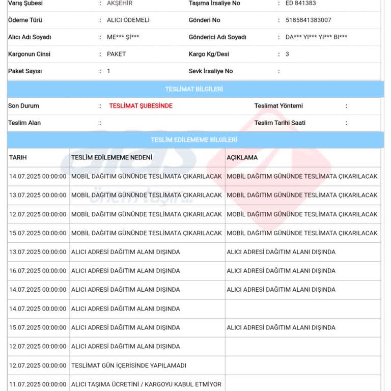 Aras Kargo Adres Dışı Bahanesiyle Teslim Edilmeyen Kargo ve Ek Ücret Sorunu