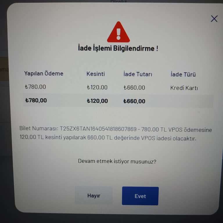 YHT | Yüksek Hızlı Tren Bilet İadesinde Bilgilendirme Yapılmadan Kesinti Yapılması