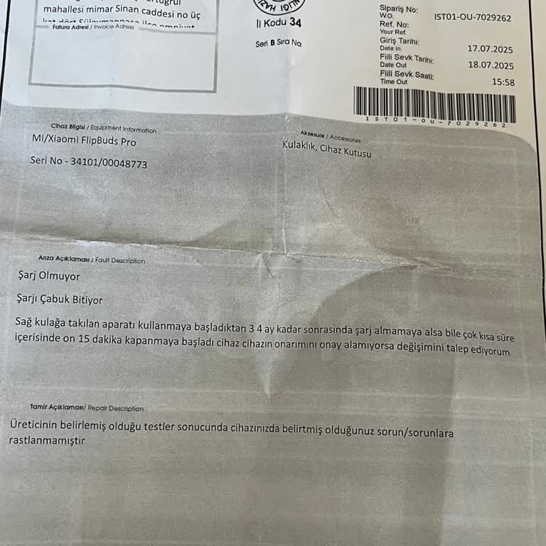 Arızalı Kulaklığım Servis Tarafından Sorunsuz Denilerek Geri Gönderildi