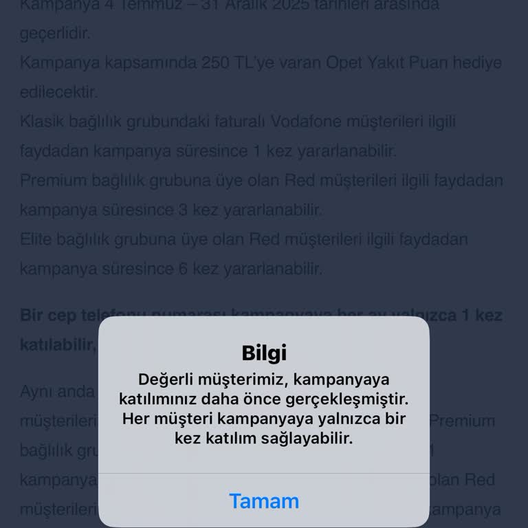 Opet Vodafone Elite Yakıt Puan Kampanyasında Kullanım Haklarım Sistem Hatası Nedeniyle Engellendi