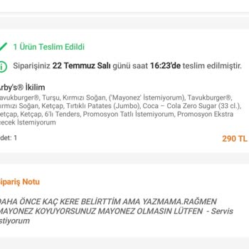 Siparişimdeki Notlar Dikkate Alınmıyor Ve Hijyen Sorunu Yaşadım