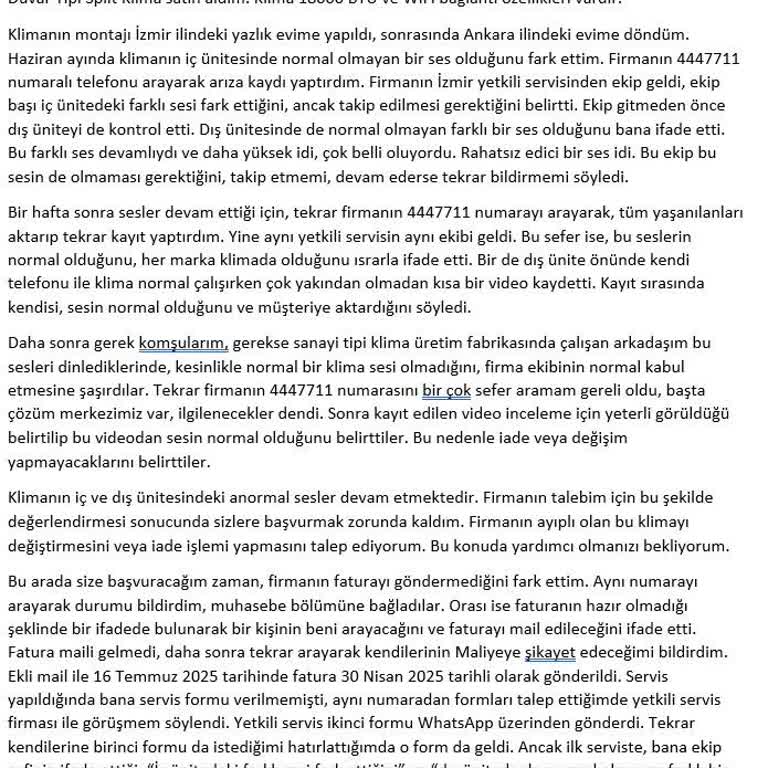 Samsung Klimada Anormal Ses Sorunu Ve Yetersiz Servis Desteği