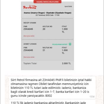 Biletim Onayım Olmadan İptal Edildi, Ücretimin Tamamı İade Edilmedi