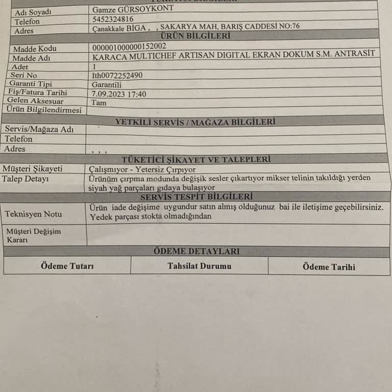 Servis Sonrası Mikserim Tamamen Bozuldu, Mağduriyetim Artıyor