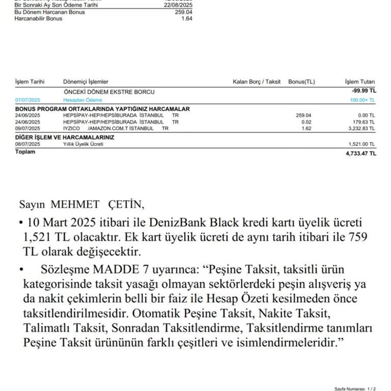 Denizbank Kredi Kartıma Haksız Aidat Ücreti İadesi Talebim