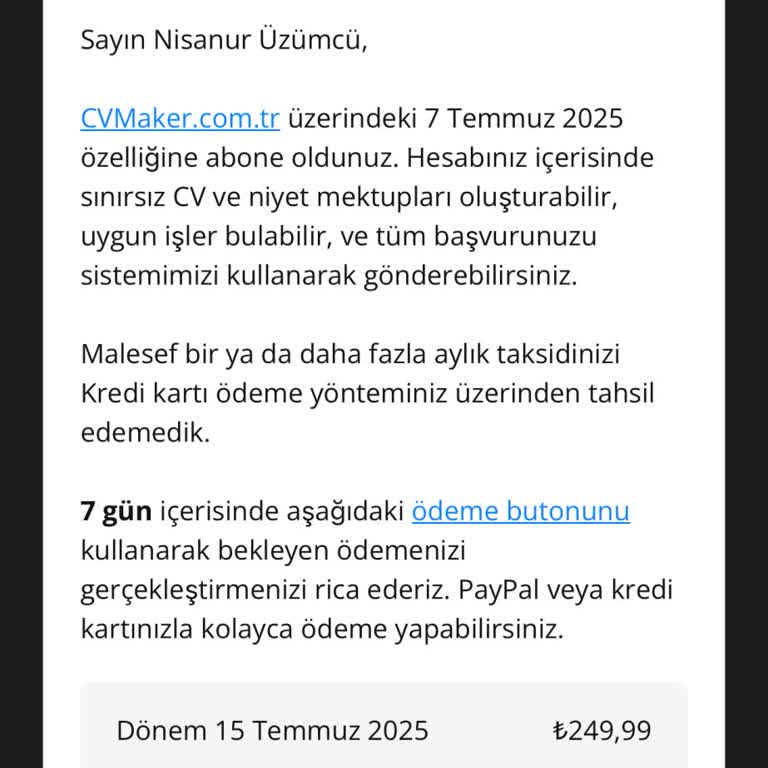 CV Maker İzinsiz Üyelik Ve Haksız Ödeme Talebi