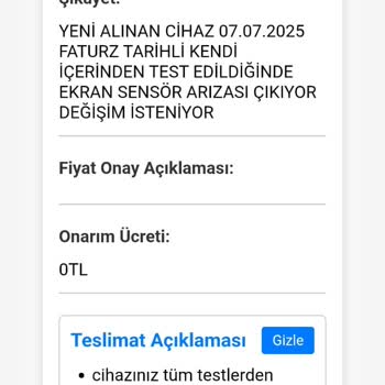 Yeni Alınan Tecno Camon 40 Cihazda Sensör Arızası Ve Değişim Talebine Olumsuz Yanıt