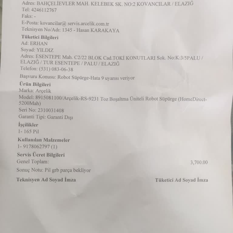 Arçelik Robot Süpürge Garanti Dışı Bırakıldı, Yüksek Ücret Talebiyle Mağdur Edildim