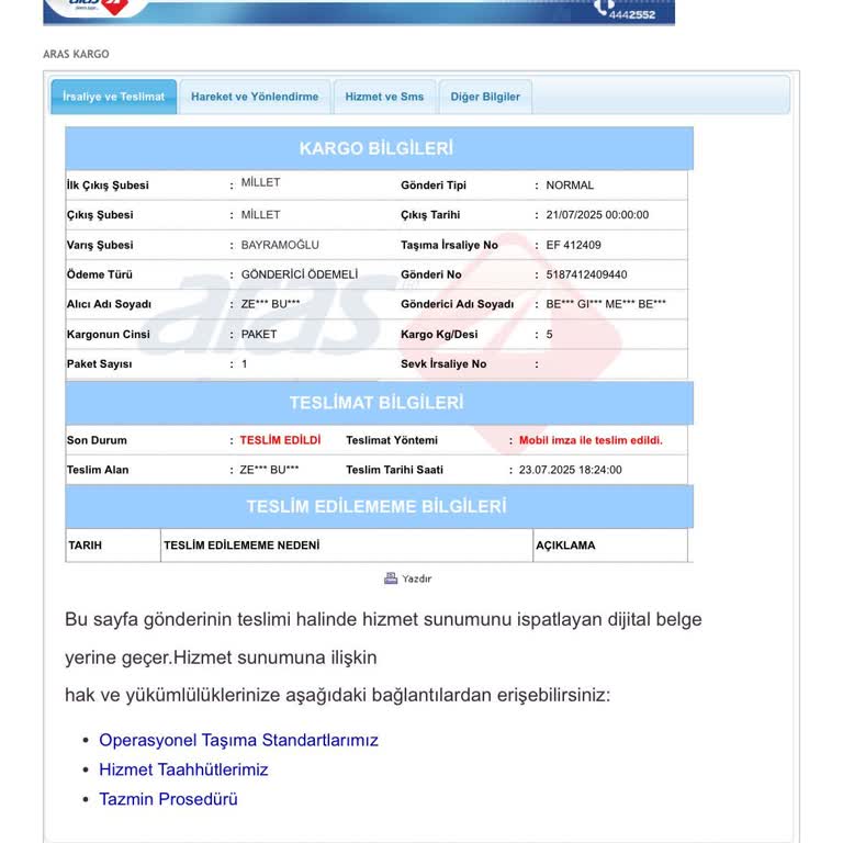 Aras Kargo'da Teslim Edilmeyen Kargo Ve İletişim Sorunu Nedeniyle Mağduriyet