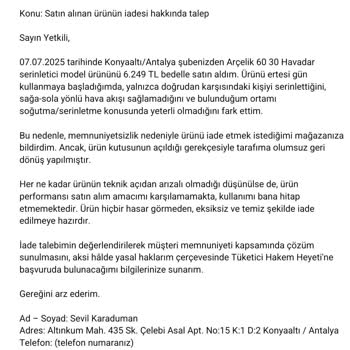 Arçelik Hava Serinletici Beklentimi Karşılamadı, İade Talebim Reddedildi