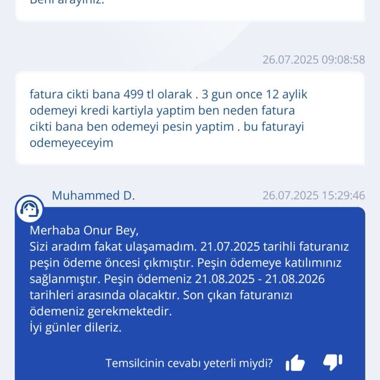 Peşin Ödeme Yapmama Rağmen Haksız Fatura Ve Yetersiz Müşteri Hizmeti