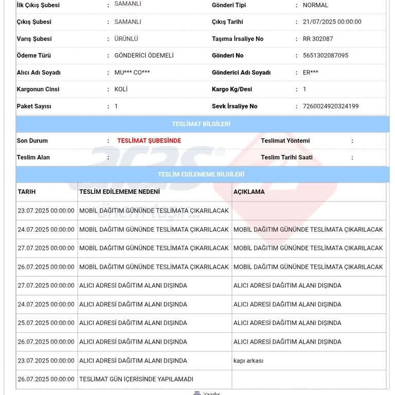 Aynı Şehirde Siparişime Kargo Teslimatı Yapılmıyor