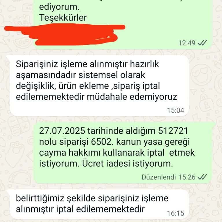 Sipariş İptal Talebine Olumsuz Yanıt Ve Yetersiz Destek