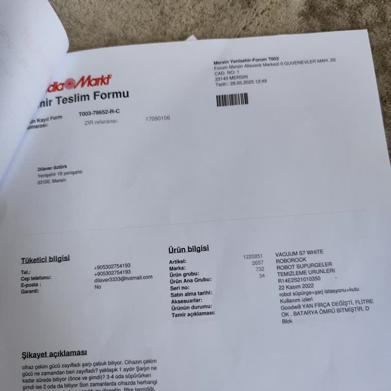 Media Markt Sigortalı Robot Süpürgede Batarya Değişimi Yapılmıyor