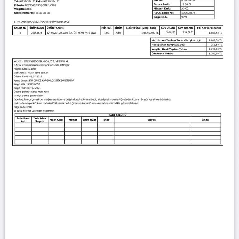 A101den Alınan Kiwi Vantilatör Arızalı Müşteri Hizmetlerine Ulaşılamıyor