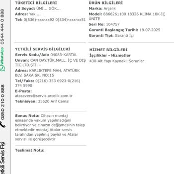Arçelik Klima Montajında Vakumlama Eksikliği Nedeniyle Ayıplı Hizmet Ve Ürün
