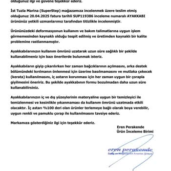 Yeni Alınan Ayakkabıda Hızlı Deformasyon Ve Ret Edilen İnceleme Sonucu