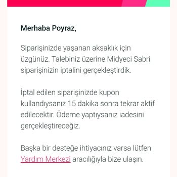 Yemek Sepeti Siparişim Kapıya Teslim Edilmedi Yanlış Bilgiyle İptal Edildi