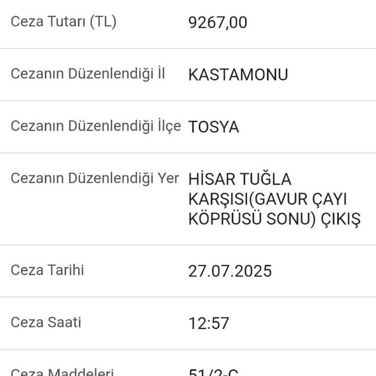 Tosya'daki Belirli Noktada Sıkça Trafik Cezası Kesilmesi Hakkında Şikayet