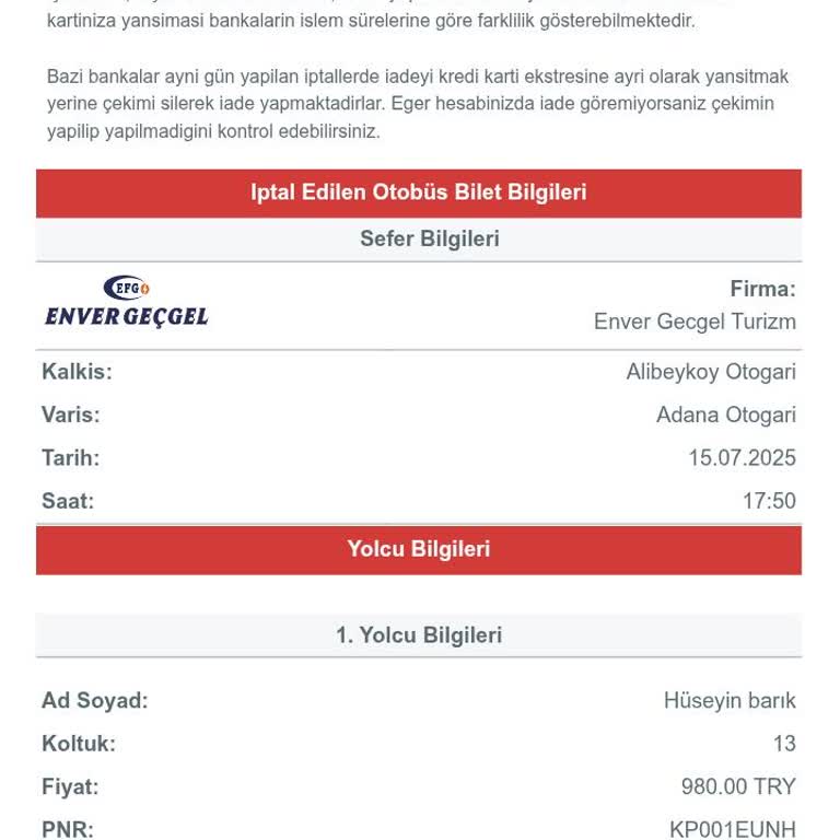 İptal Edilen Biletimin Ücreti Bir Aydır İade Edilmiyor