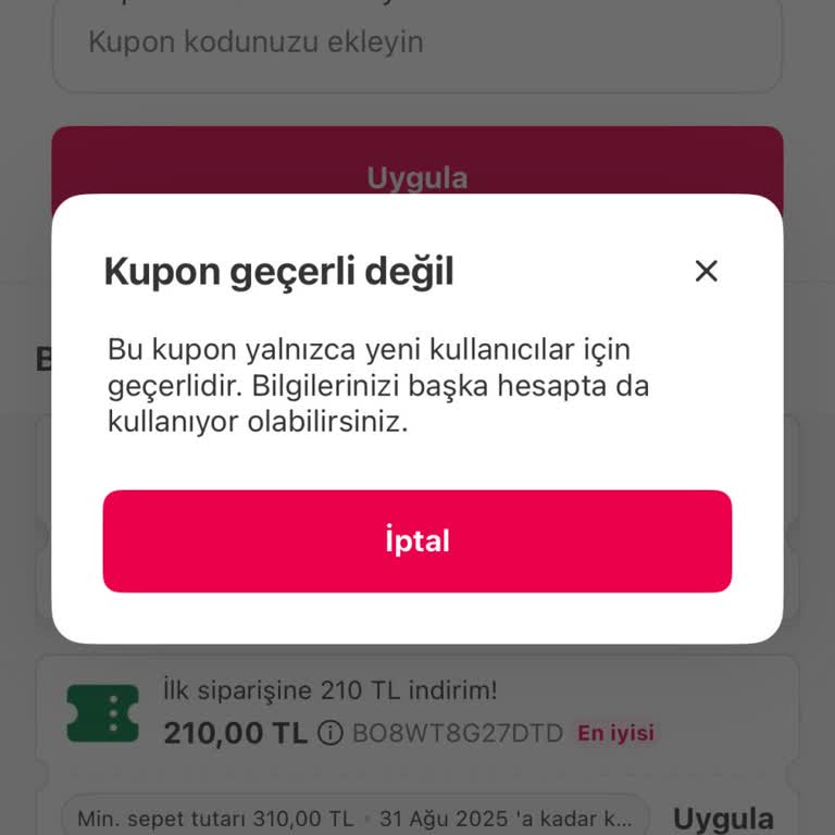 Kupon Hatası Nedeniyle Sipariş Veremiyorum