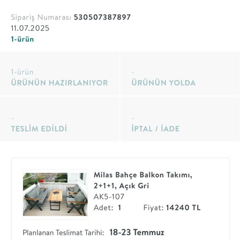 Vivense'den Sipariş Edilen Bahçe Koltuk Takımı Teslim Edilmedi, Bilgilendirme Yapılmıyor