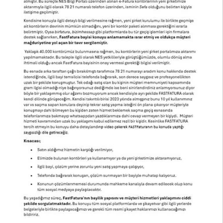 E-Fatura Kontörlerinin Yeni Şirkete Aktarılamaması Ve Yetersiz Müşteri Hizmeti Deneyimi