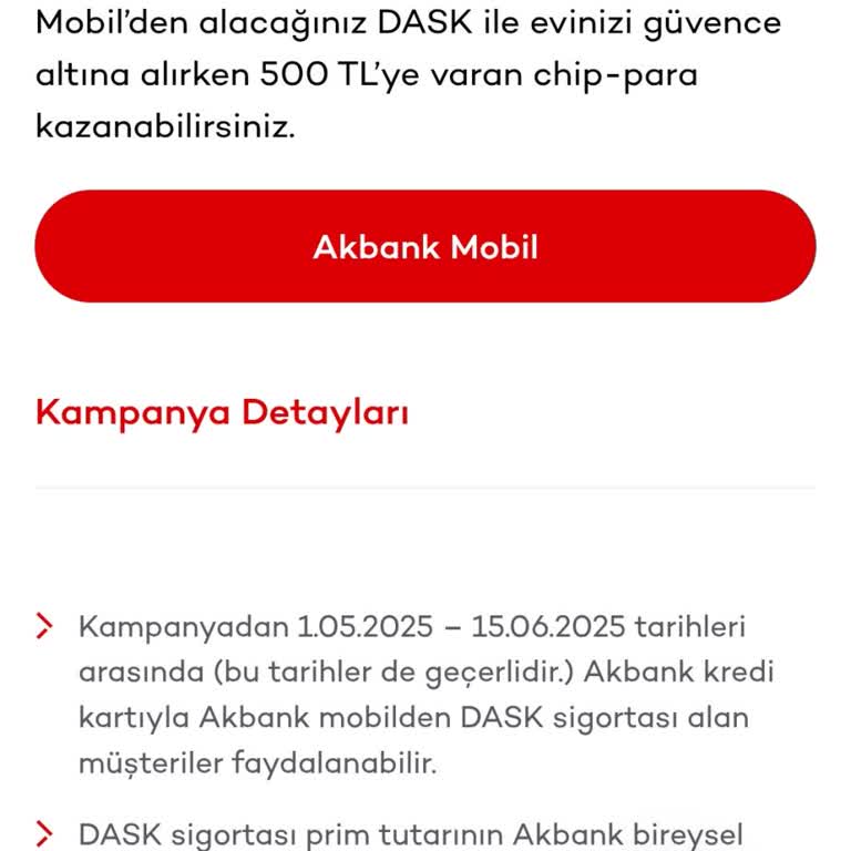 Akbank DASK Kampanyasında Chip-Para Verilmiyor