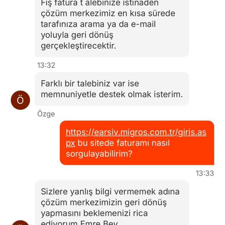 Migros Siparişimde Fatura Fiş Gönderilmedi Canlı Destek Çözüm Sunmuyor