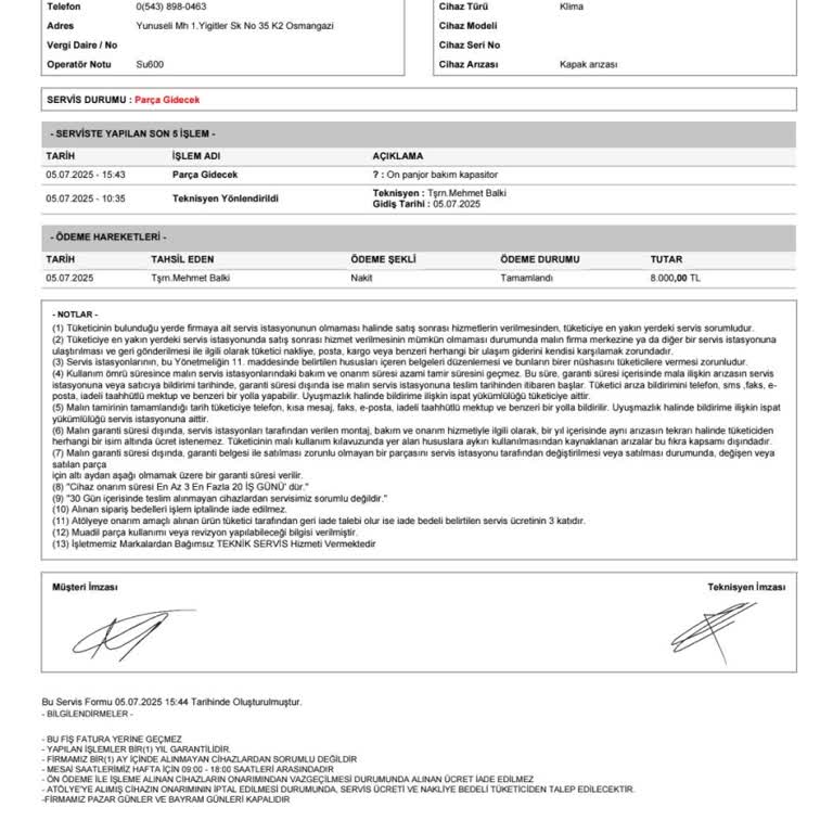 Vestel Klima Servisinden Alınan Ücretin İadesi Yapılmıyor