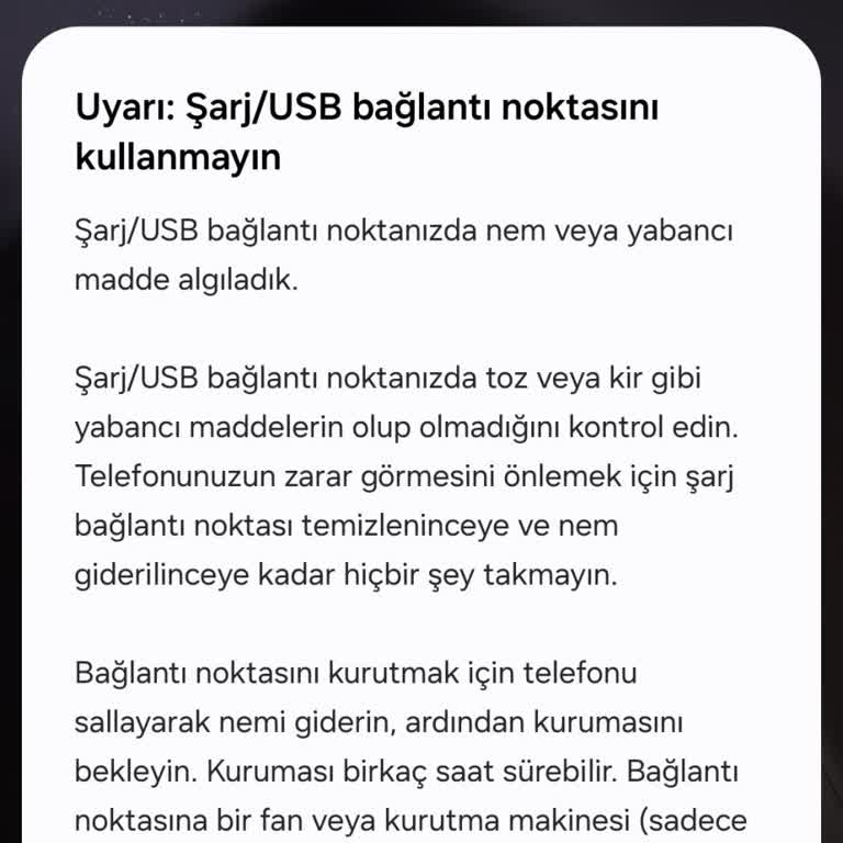 Samsung Telefon Şarj/USB Bağlantı Noktasında Sürekli Nem Ve Yabancı Madde Uyarısı Sorunu