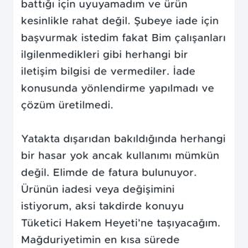 Aldığım Yatak Rahatsız Ve İade Sürecinde Destek Alamadım