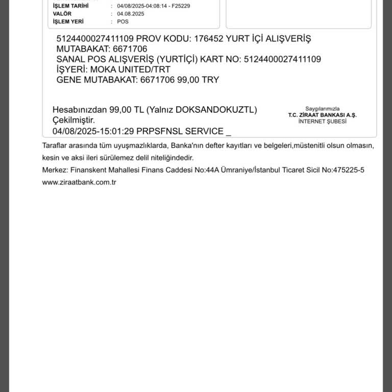 Onayım Dışında Moka United Tarafından Kartımdan Para Çekildi