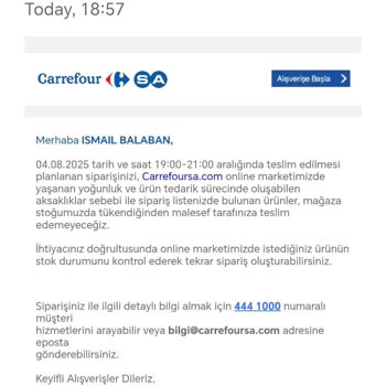 Carrefour SA Online Siparişlerinde Sürekli Stok Ve Teslimat Sorunları Yaşanıyor