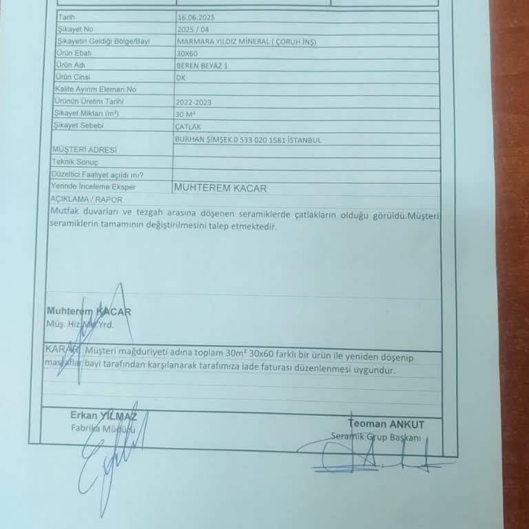 Garanti Kapsamındaki Seramiklerin Değişimi Söz Verilmesine Rağmen Yapılmadı